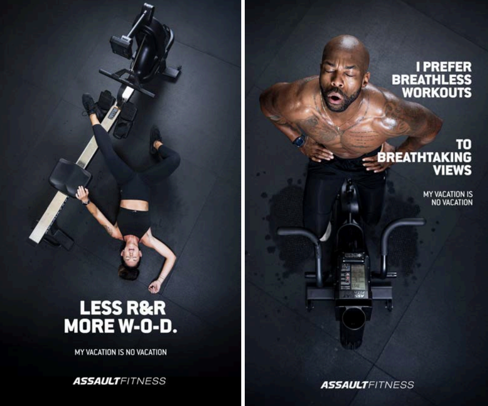 poster shows man and woman in Assault Fitness ads